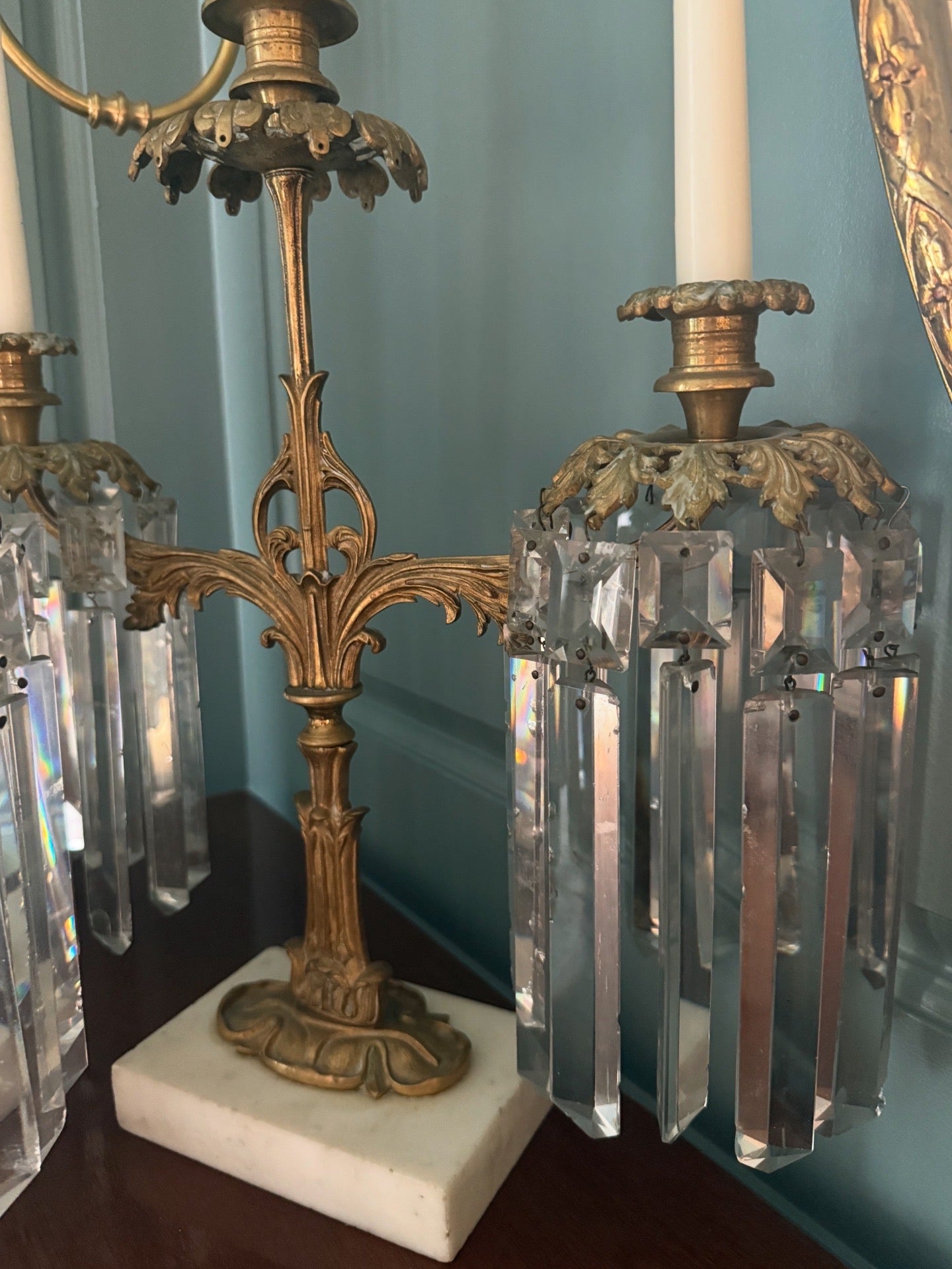 Pair Antique Bronze, Marble and Crystal Three-Arm Grandioles