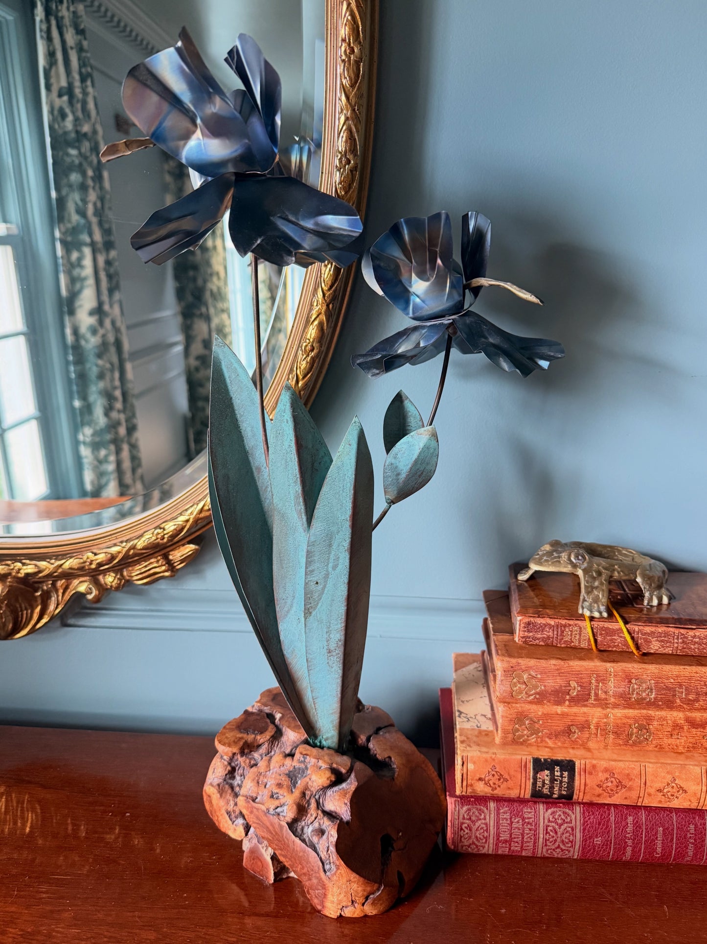 Vintage Brutalist Metal Iris with Natural Burl Wood Base