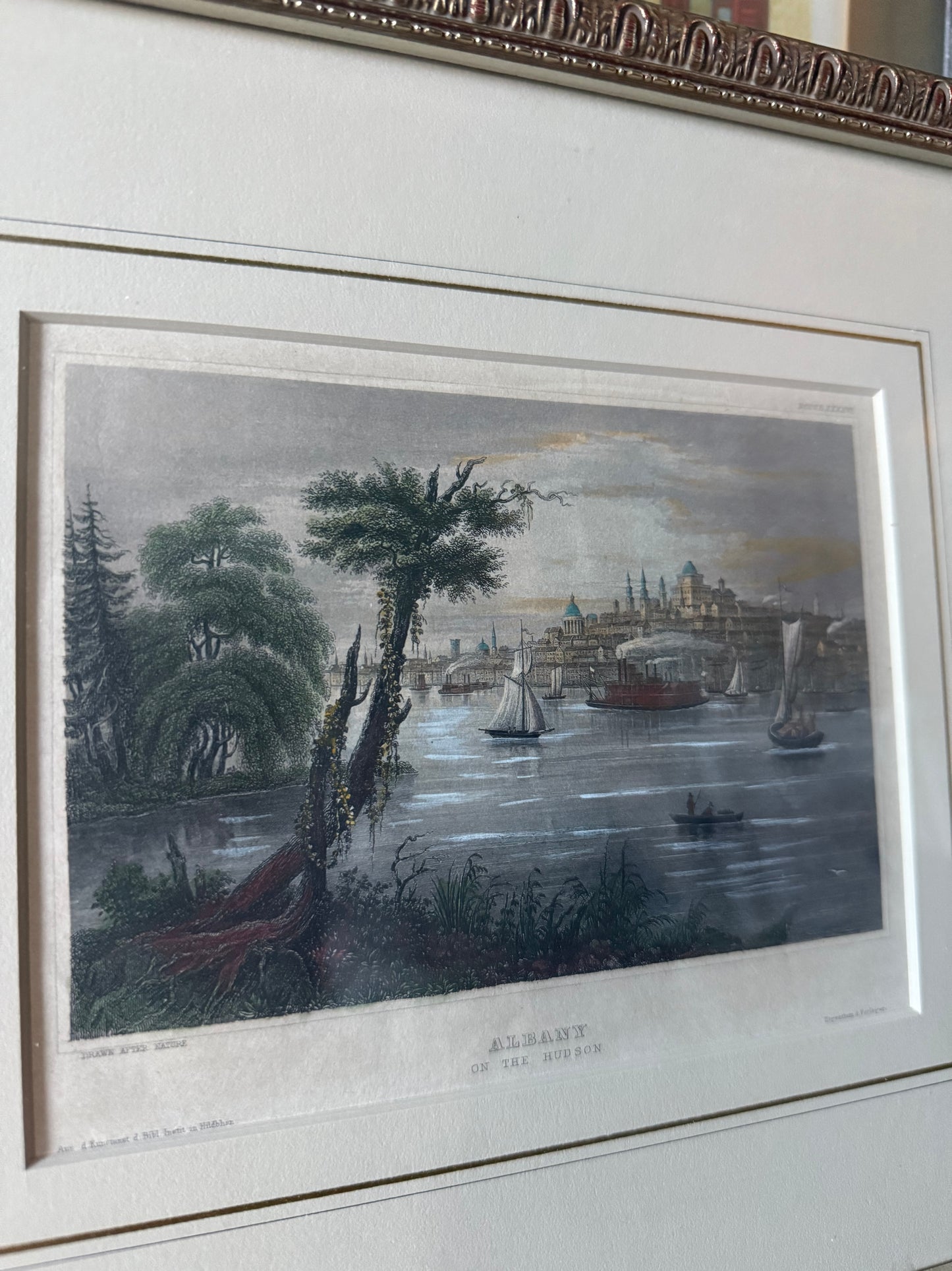 Antique Hand-Colored Engraving, Albany from the Hudson