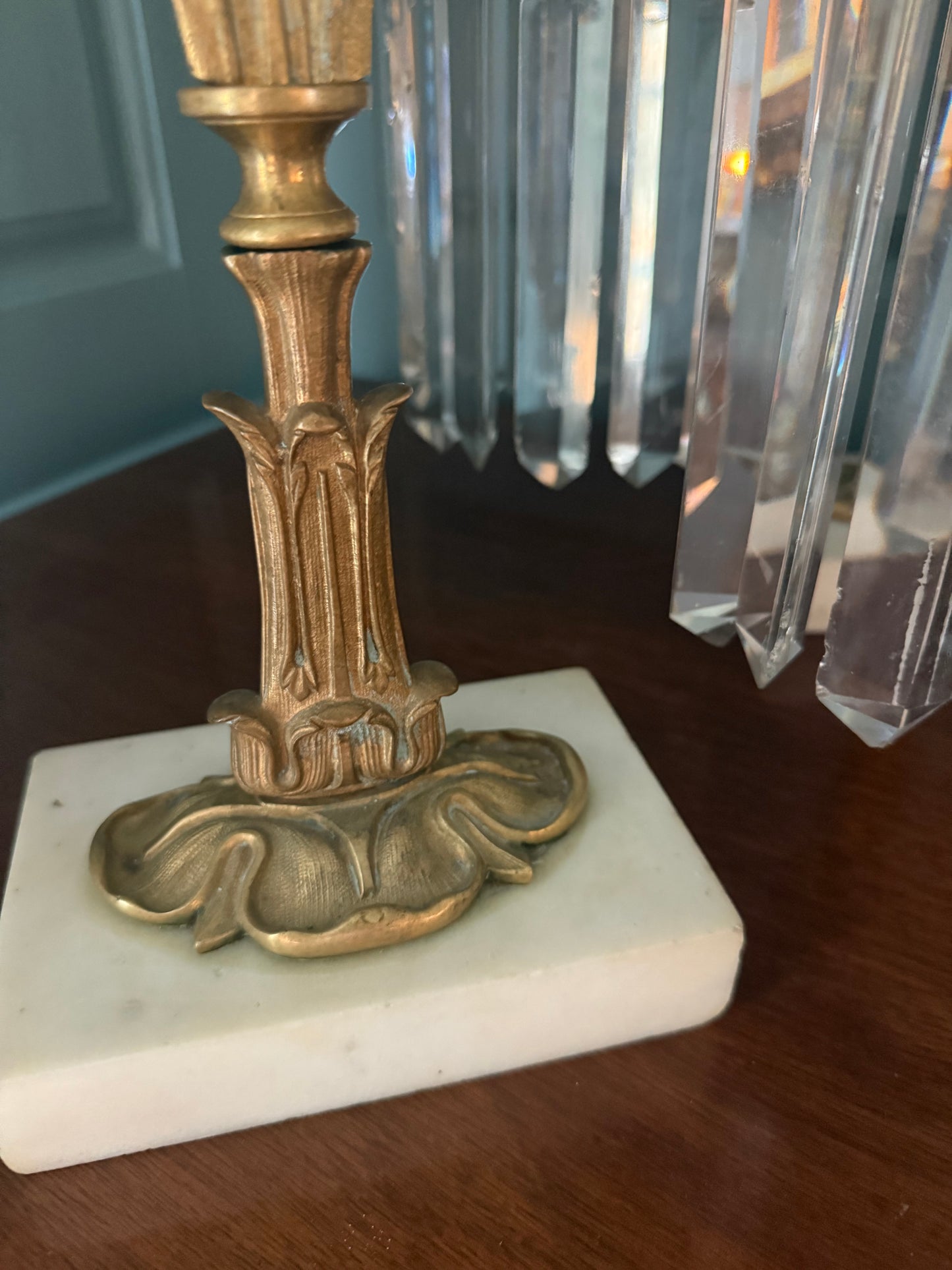 Pair Antique Bronze, Marble and Crystal Three-Arm Grandioles