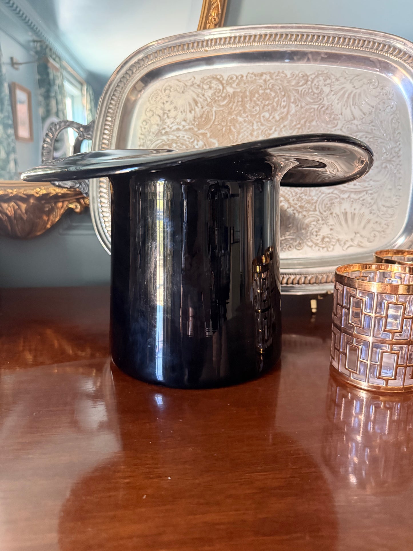 Vintage Blenko Blown Black Glass Top Hat Ice Bucket