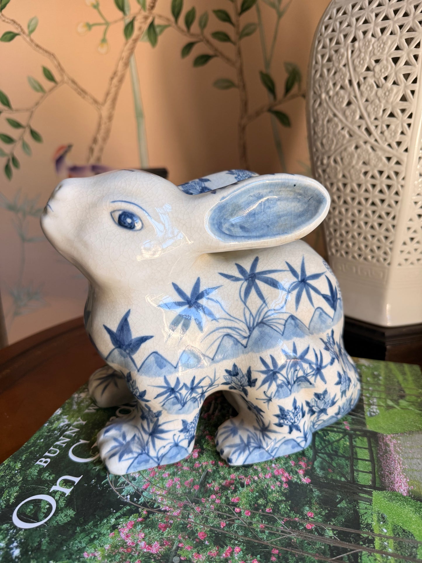 Chinoiserie Blue and White Ceramic Rabbit