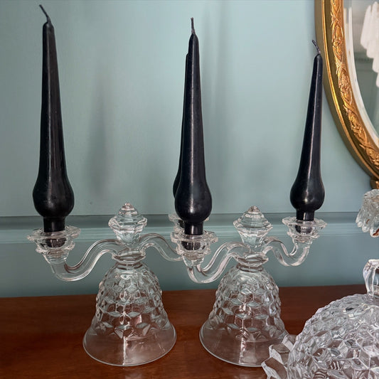 Pair of Vintage Fostoria American Double Arm Bell Candlesticks