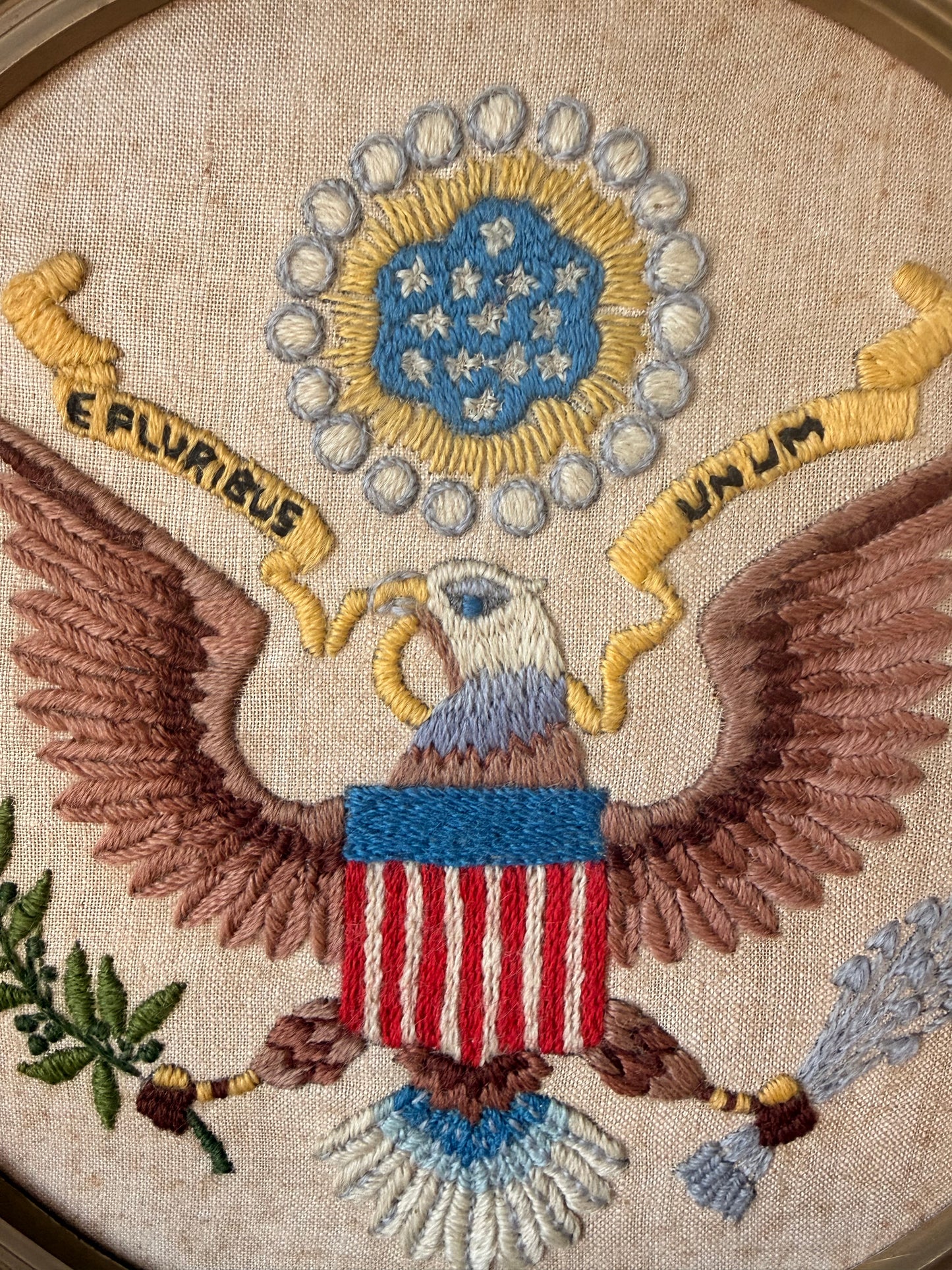 Vintage Crewel Embroidery United States Bald Eagle Seal