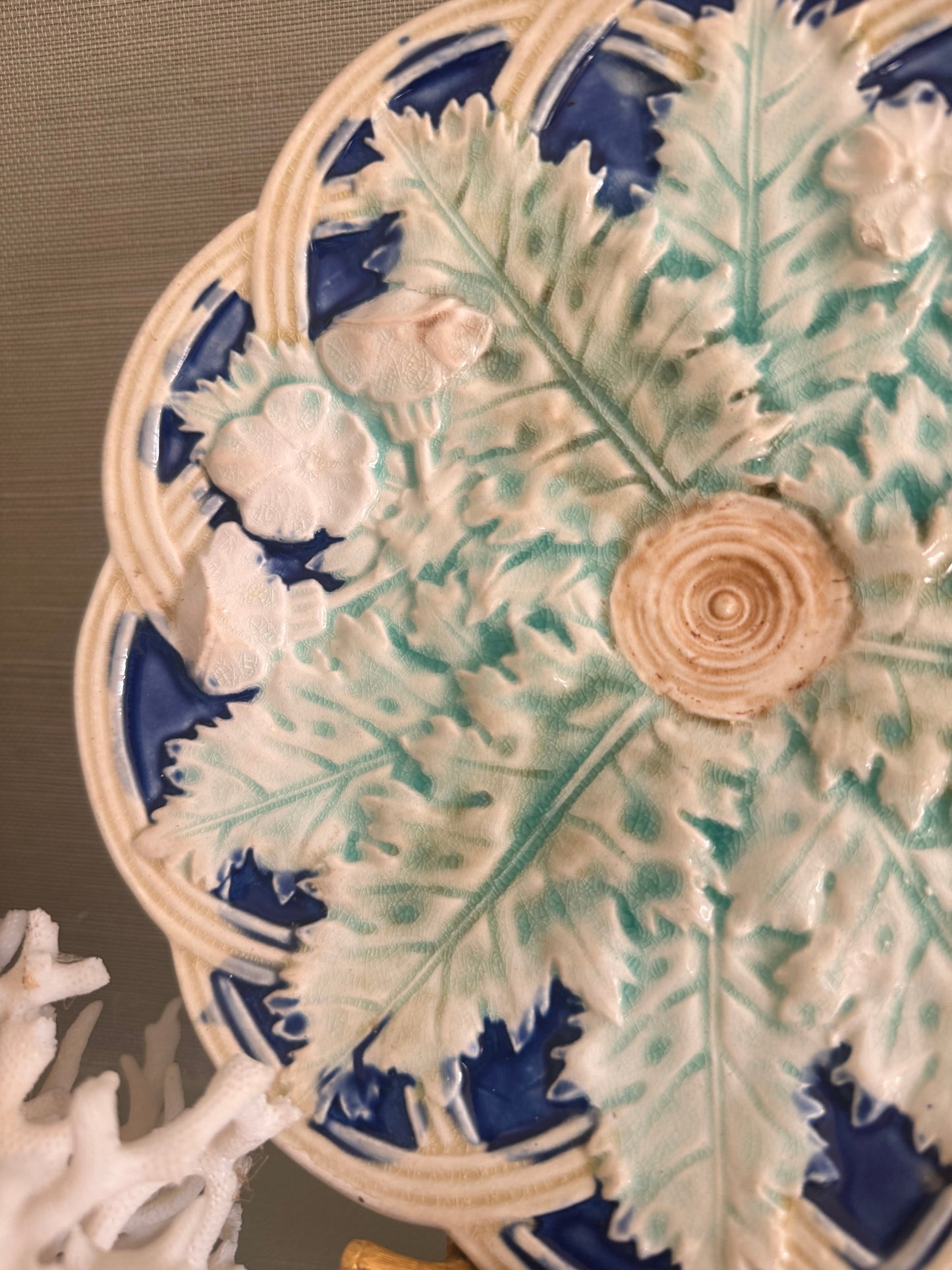 Antique Majolica Leaves on Basket Weave Plate