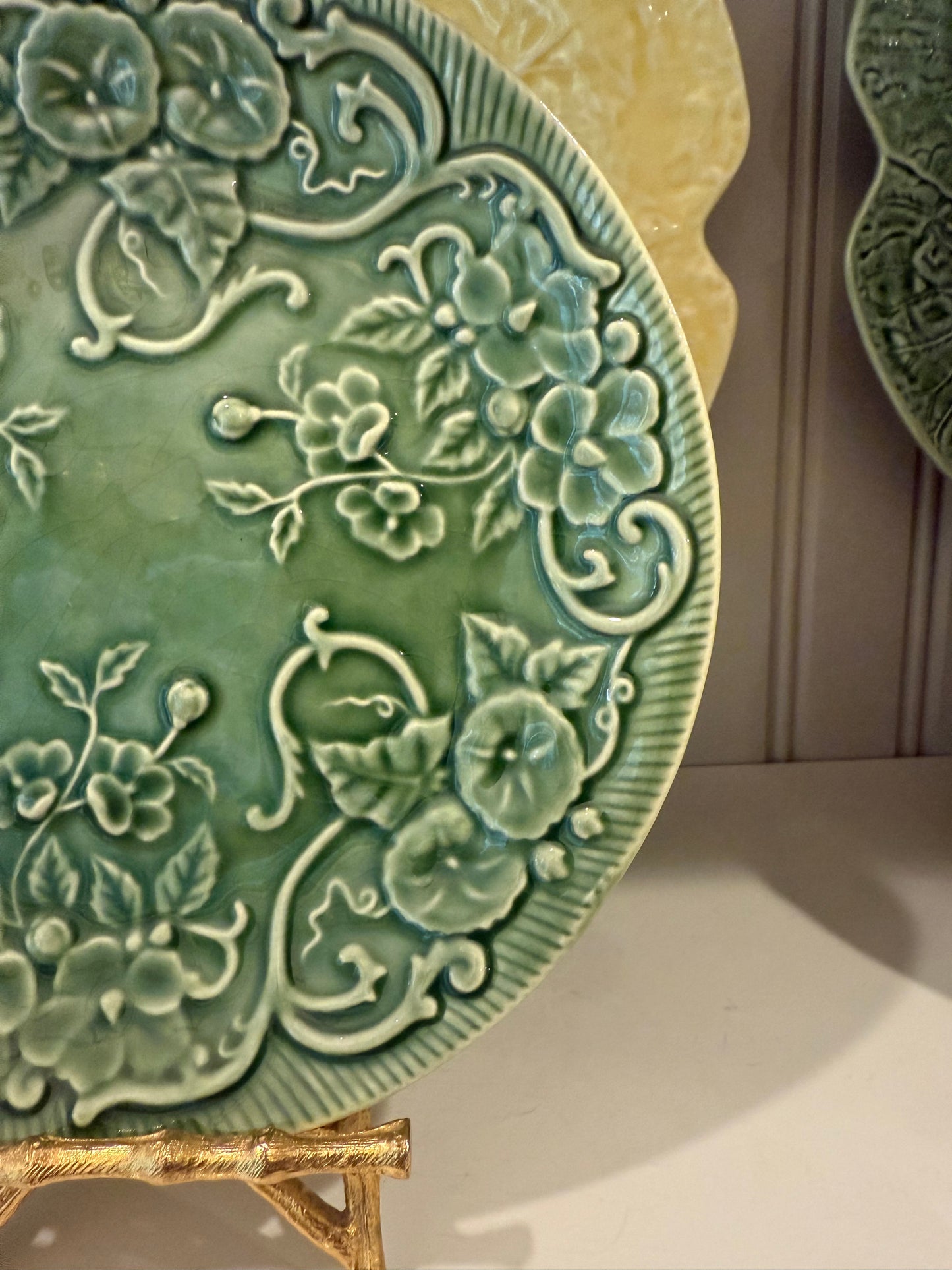 Set of 4 Vintage Bordallo Pinheiro Flowers Green Salad Plate
