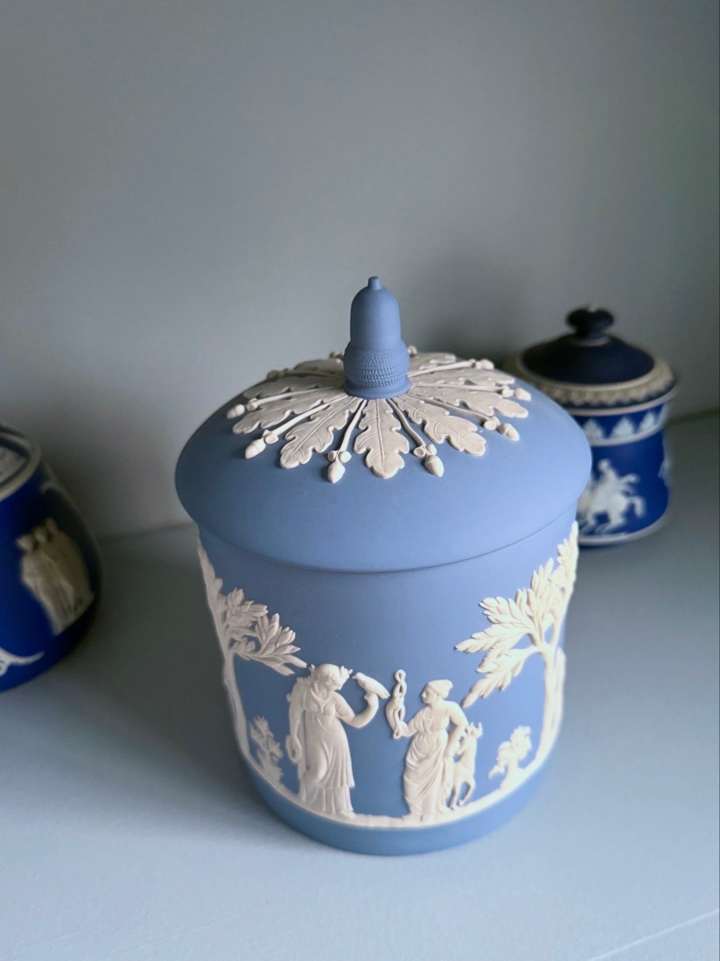 Wedgwood Jasperware Cream on Lavender Acorn Finial Lidded Jar