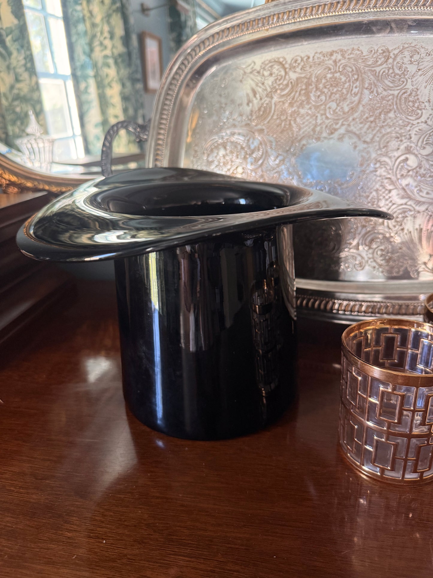Vintage Blenko Blown Black Glass Top Hat Ice Bucket