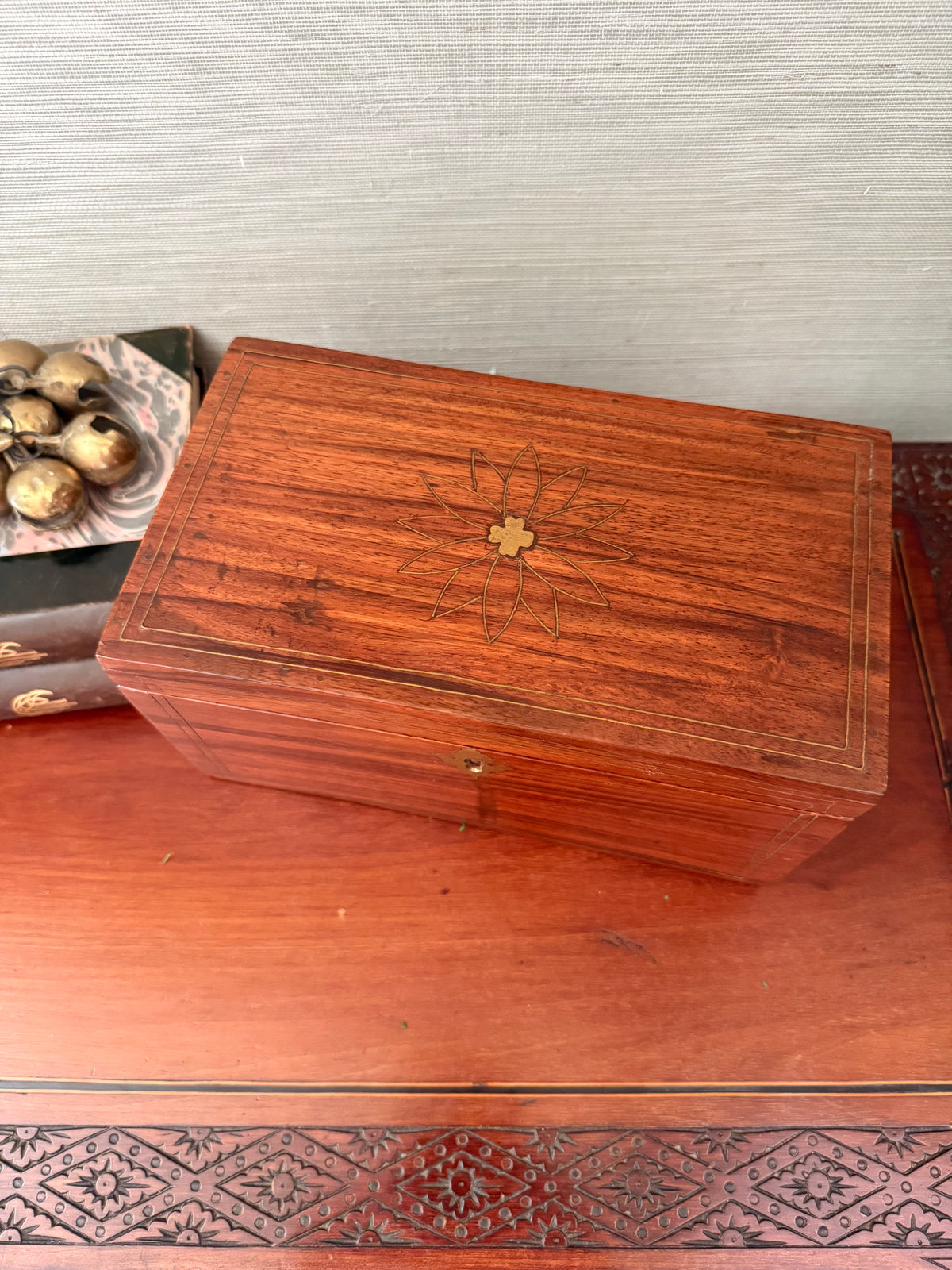 Antique English Mahogany Tea Caddy, Brass Inlay