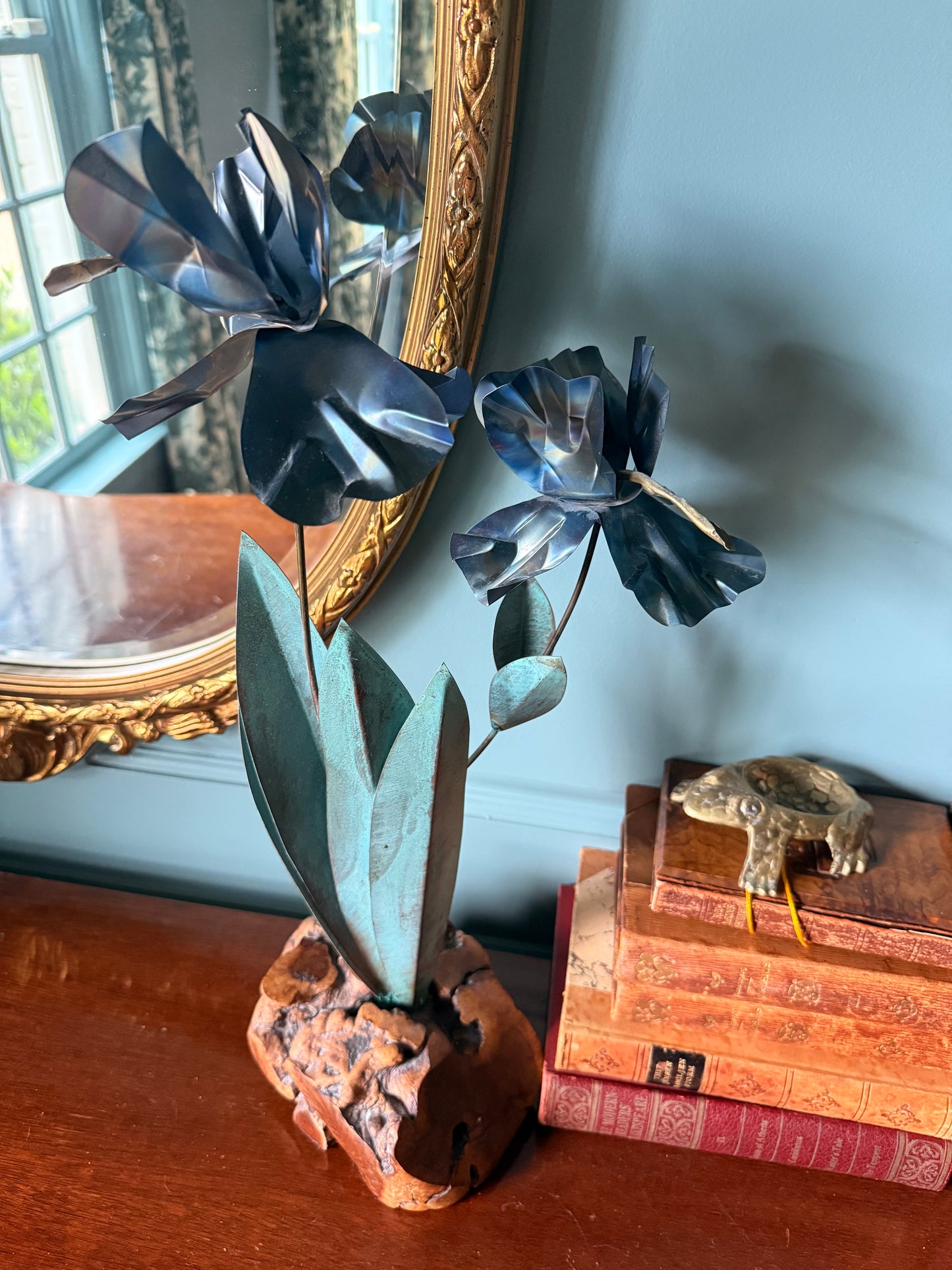 Vintage Brutalist Metal Iris with Natural Burl Wood Base