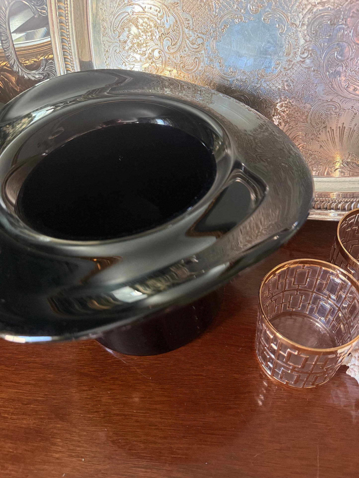 Vintage Blenko Blown Black Glass Top Hat Ice Bucket