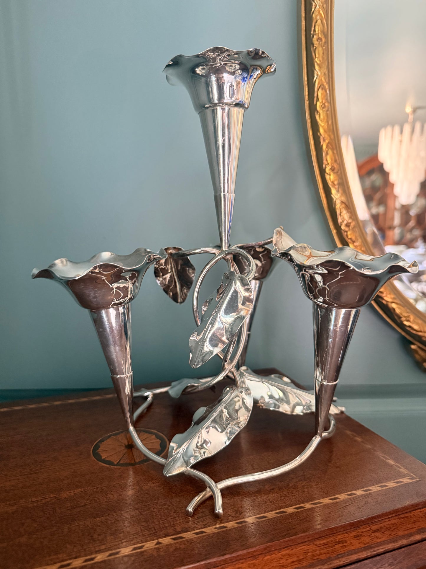 Silverplate Four Trumpet Vine and Leaf Epergne