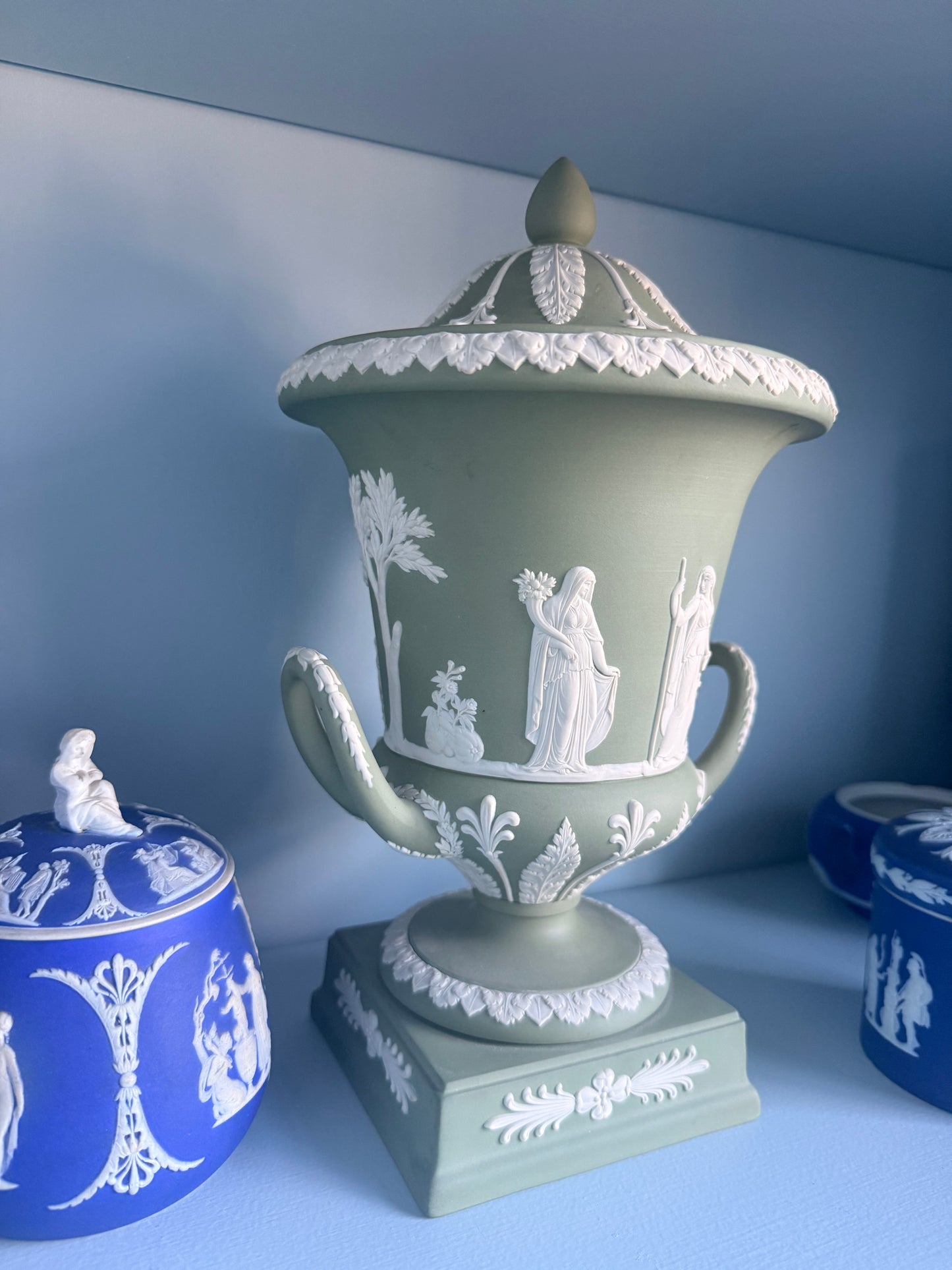 Wedgwood Jasperware Cream on Sage Lidded Double-handled Urn