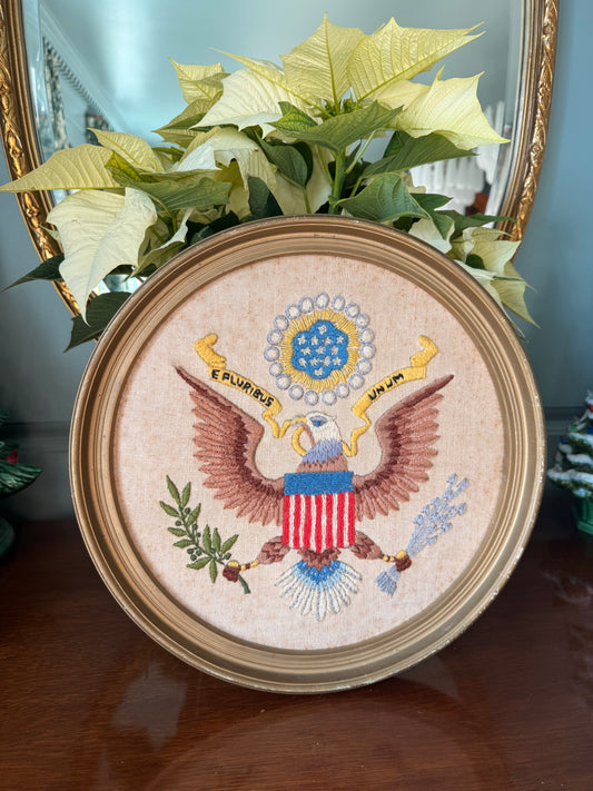 Vintage Crewel Embroidery United States Bald Eagle Seal
