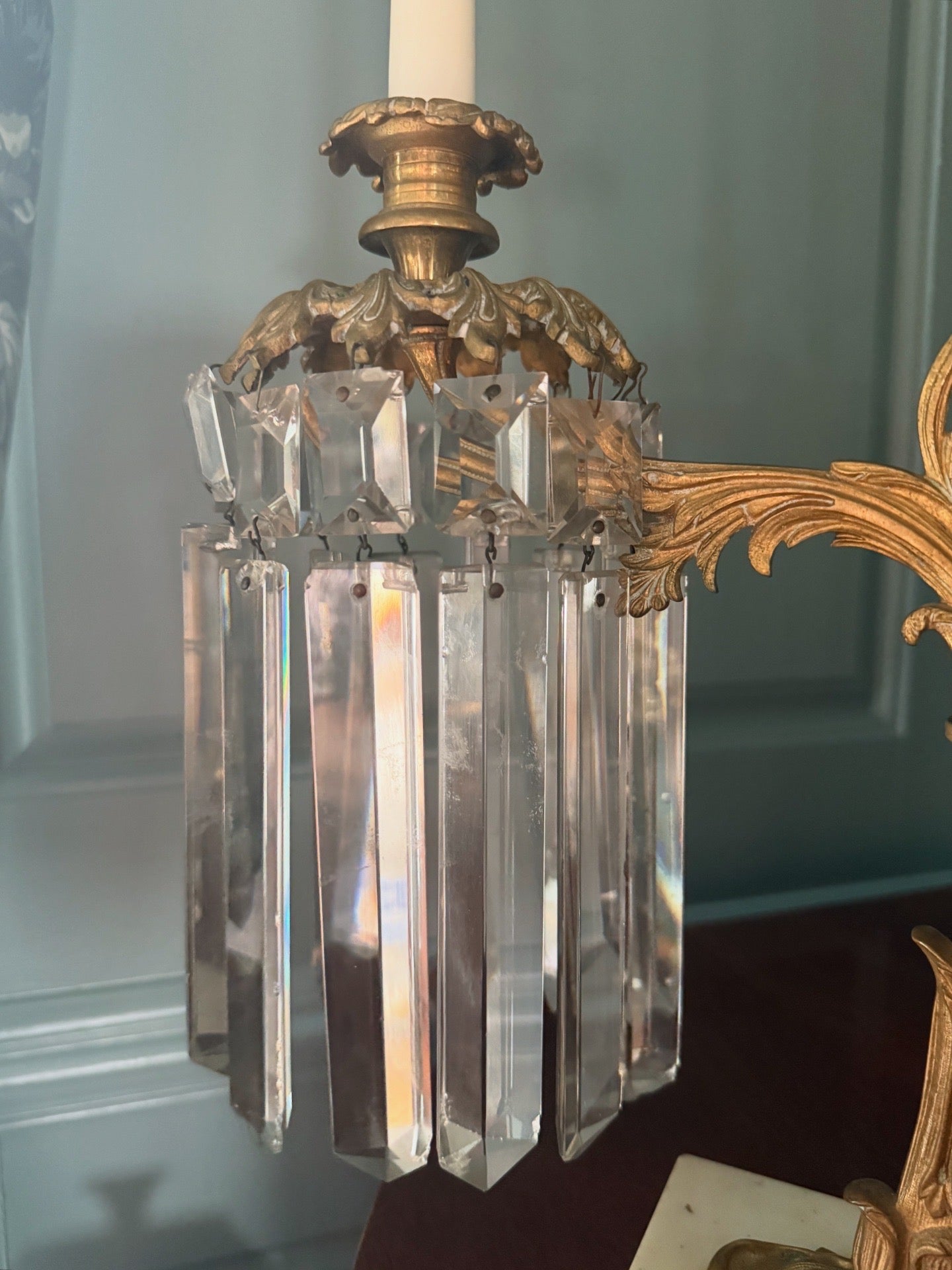 Pair Antique Bronze, Marble and Crystal Three-Arm Grandioles